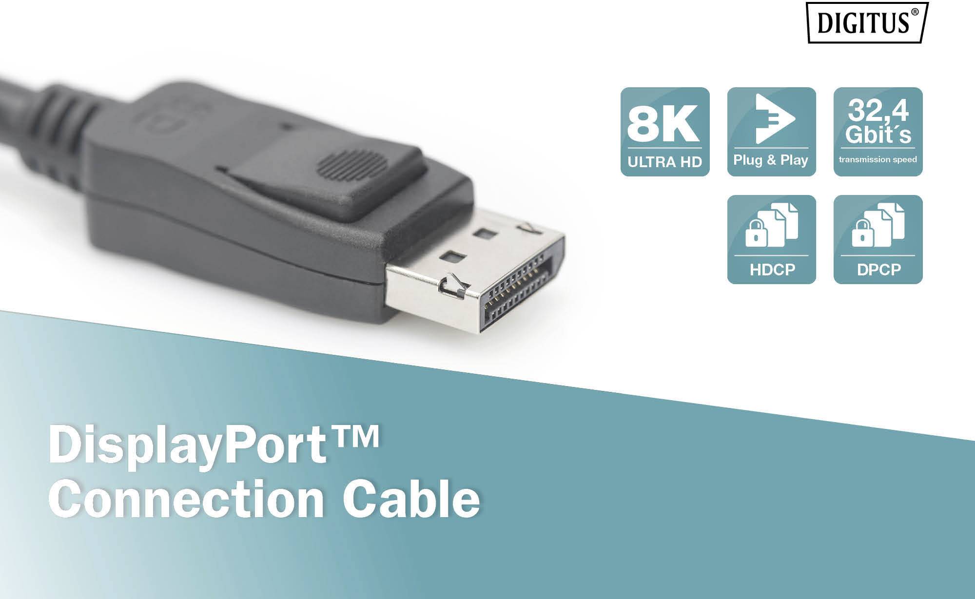 DisplayPort-Anschlusskabel mit 8K Ultra HD, Plug & Play-Funktion, 32,4 Gbit/s Übertragungsgeschwindigkeit. Symbole für HDCP und DPCC.