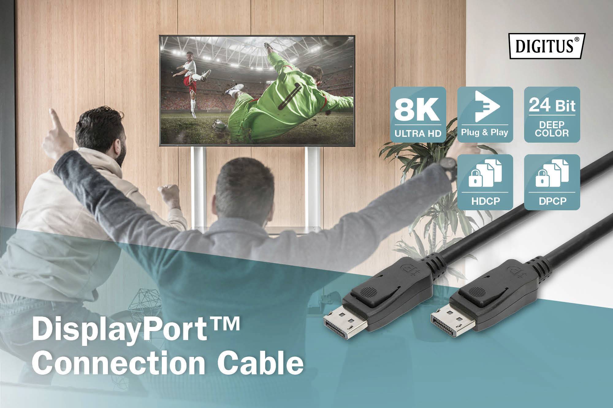 'Zwei Männer jubeln vor einem Fernseher mit Fußballspiel in 8K-Auflösung. Anzeige für DisplayPort-Kabel mit 8K, Plug & Play, 24 Bit Farbe.'