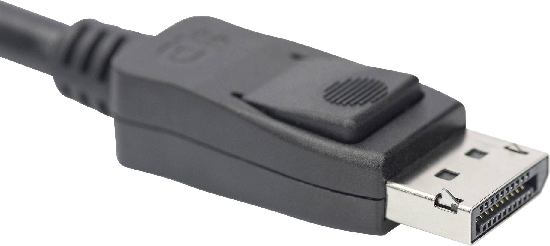 Ein schwarzes DisplayPort-Kabel mit einem rechteckigen Stecker und mehreren Pins, geeignet für Video- und Audioverbindungen.