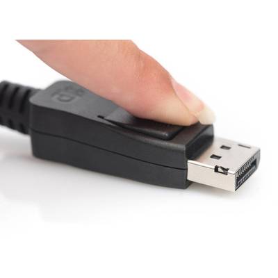 Eine Finger drückt auf den Entriegelungsknopf eines DisplayPort-Steckers. Der Stecker ist teilweise in Großaufnahme sichtbar.