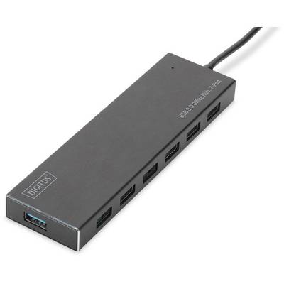 Schwarzer USB-Hub mit sieben Ports und Kabelanschluss, geeignet für den Anschluss mehrerer USB-Geräte gleichzeitig.