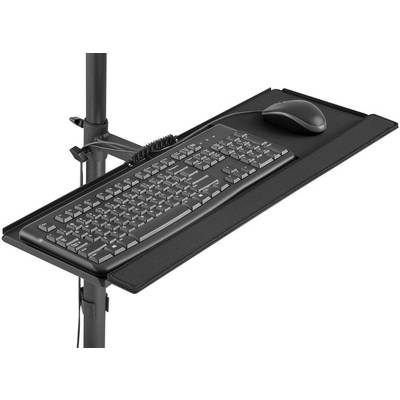 Eine schwarze Tastatur und Maus auf einem schwarzen, an einem Schreibtisch montierten Ablagebrett.