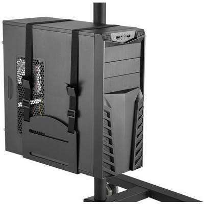 Ein schwarzes Computergehäuse ist an einem mobilen Ständer gesichert. Es sind Belüftungsöffnungen und Anschlüsse an der Vorderseite sichtbar.