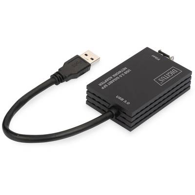 Schwarzer USB-3.0 zu Gigabit-Netzwerkadapter mit einem USB-Stecker auf der linken Seite und einer Ethernet-Buchse auf der rechten Seite.