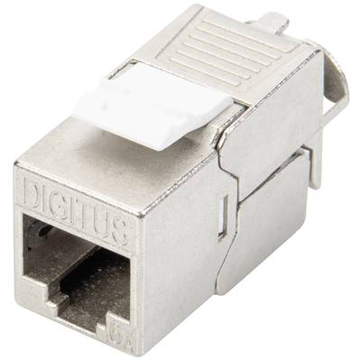 Metallischer Netzwerkstecker mit der Aufschrift 'DIGITUS', kompatibel mit CAT 6A, erkennbar durch den silbernen Anschluss und weißen Clip.