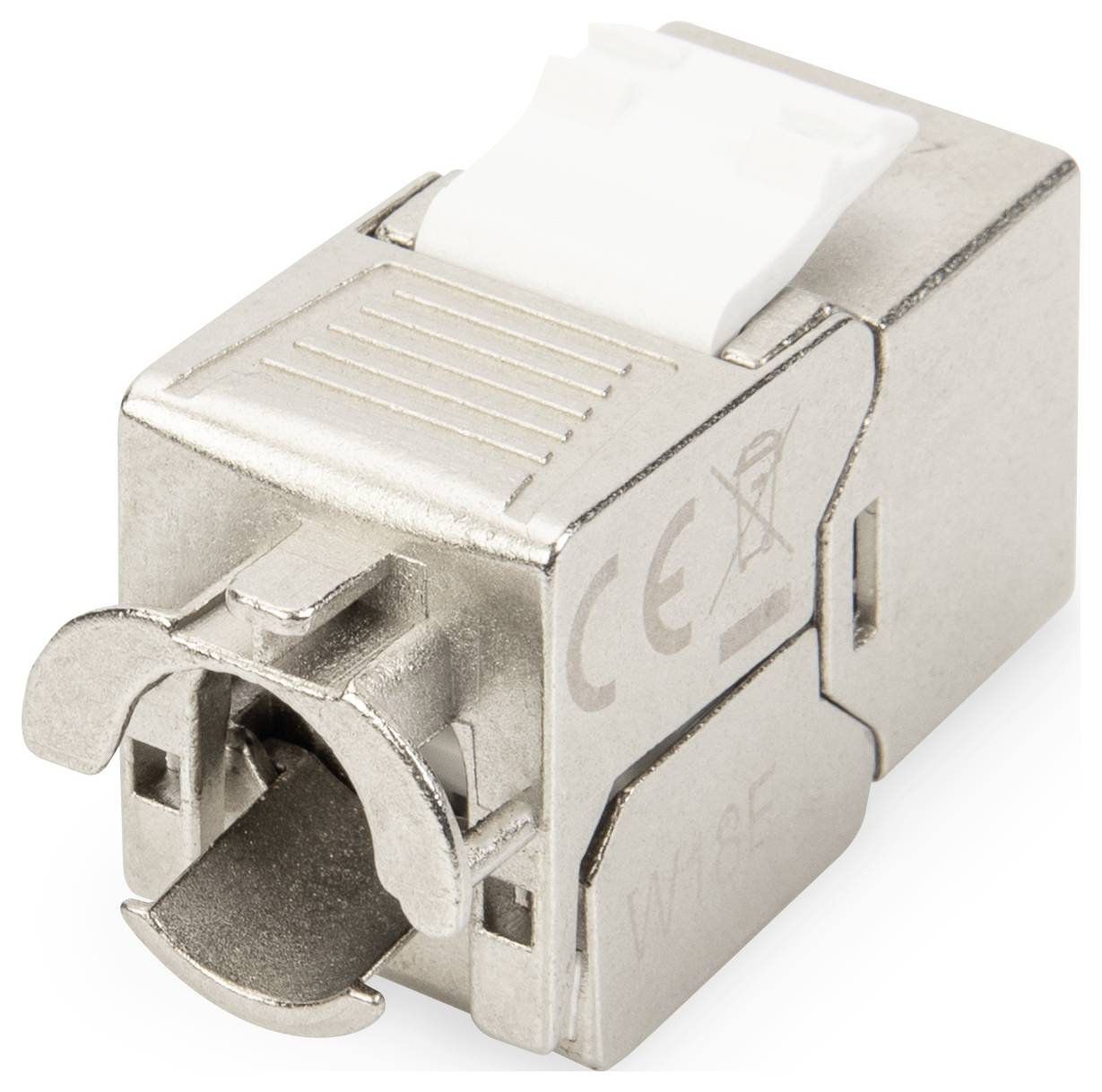 Metallischer RJ45-Netzwerkanschluss mit weißem Verschlussmechanismus. Geeignet für Ethernet-Kabelverbindungen in Netzwerken.