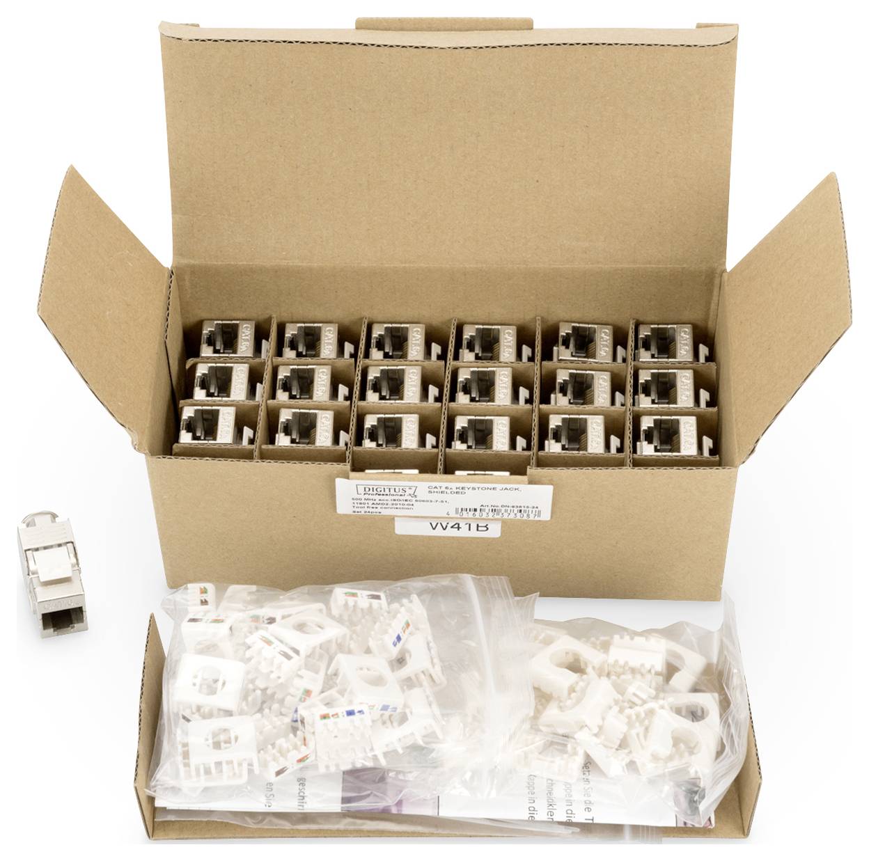 Ein offener Karton mit mehreren RJ45-Netzwerkbuchsen, einzeln verpackt. Daneben ein paar lose Bauteile und Montagezubehör.