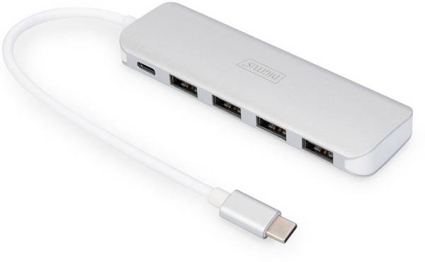 Digitus DA-70242-1 USB-Hub 4+1 Port USB-A USB 3.0 5 GBit/s mit Schnellladeport, mit USB-C® Stecker, mit Aluminiumgehäuse Silber DA-70242-1