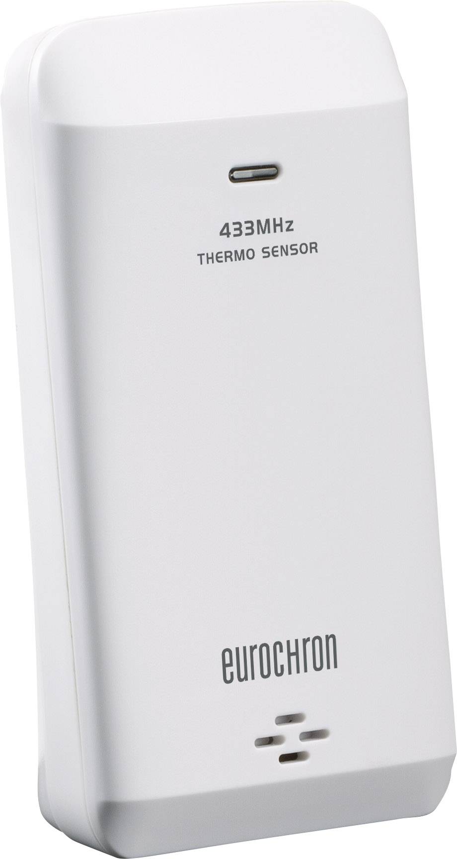 Ein weißer Thermo-Sensor mit der Aufschrift '433MHz' und 'THERMO SENSOR' sowie der Marke 'eurochron' auf der Vorderseite.