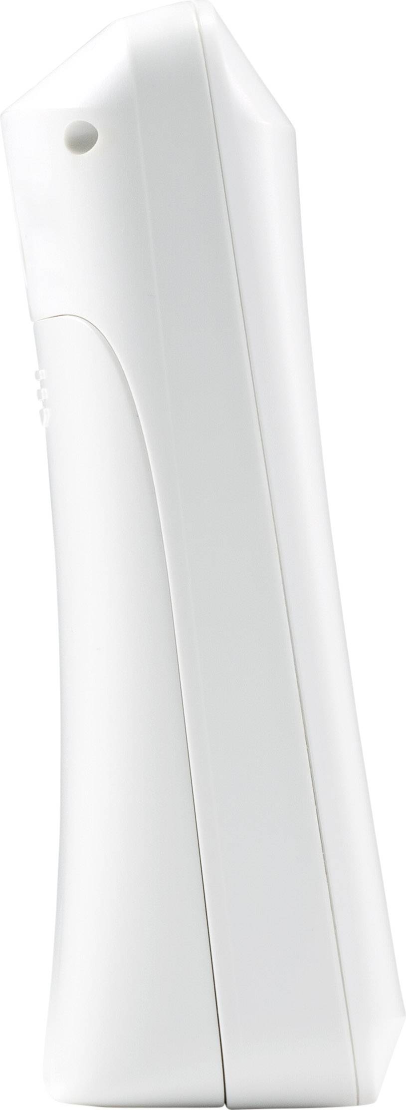 Ein weißer, schlanker Inhalator oder Sprühgerät in Seitenansicht.