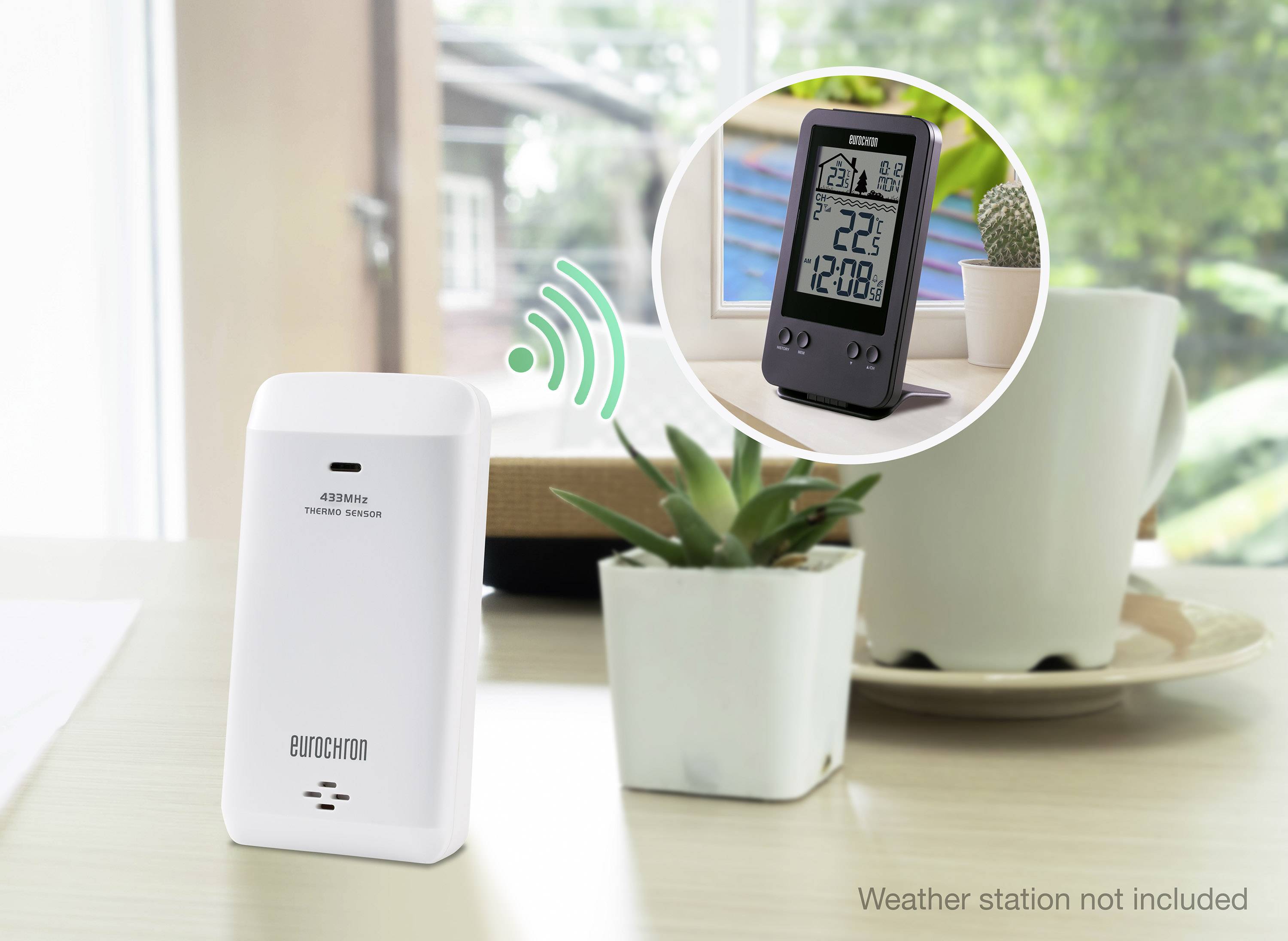Der Bild zeigt einen Eurochron Temperatursensor auf einem Tisch neben Pflanzen. In einem Kreis ist eine Wetterstation mit Displaywerten zu sehen. Text: 'Weather station not included'.