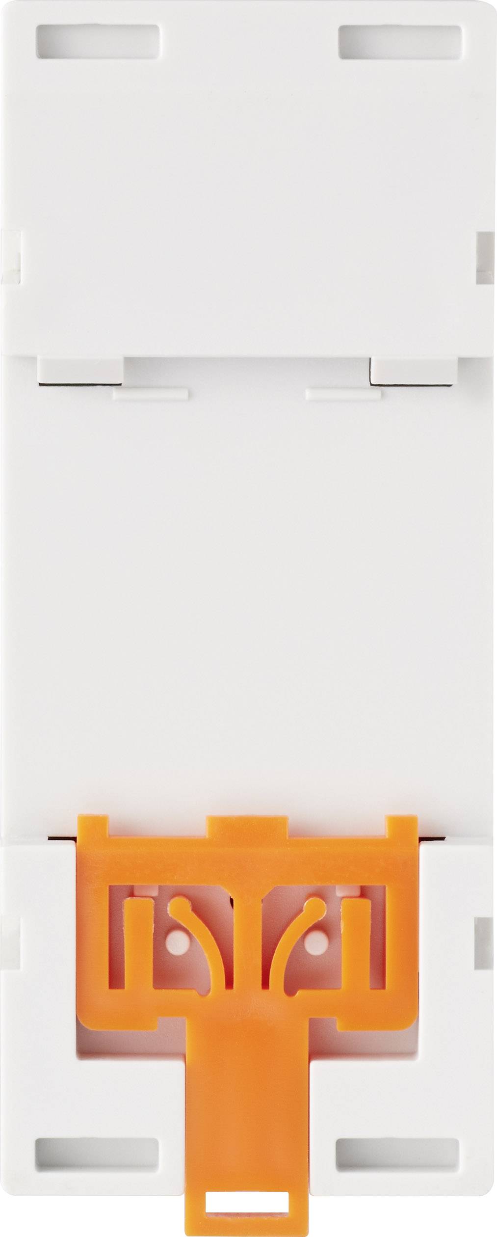 Weiße Plastikabdeckung mit orangefarbenem Clip in der Mitte, vermutlich eine Wandhalterung oder Befestigungsvorrichtung.