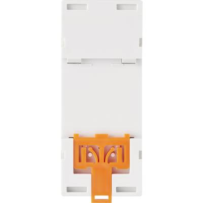 Weiße Plastikabdeckung mit orangefarbenem Clip in der Mitte, vermutlich eine Wandhalterung oder Befestigungsvorrichtung.