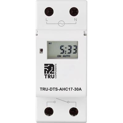 Digitaler Zeitschaltuhr mit Display zeigt '5:33 ON AUTO', Marke TRU COMPONENTS, Modell TRU-DTS-AHC17-30A, für automatische Steuerung.