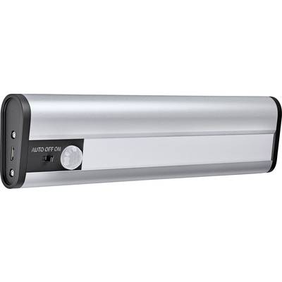 Eine silberne LED-Unterbauleuchte mit Bewegungssensor, Schalter 'AUTO OFF ON' und USB-Ladeanschluss. Ideal für Schränke oder Flure.
