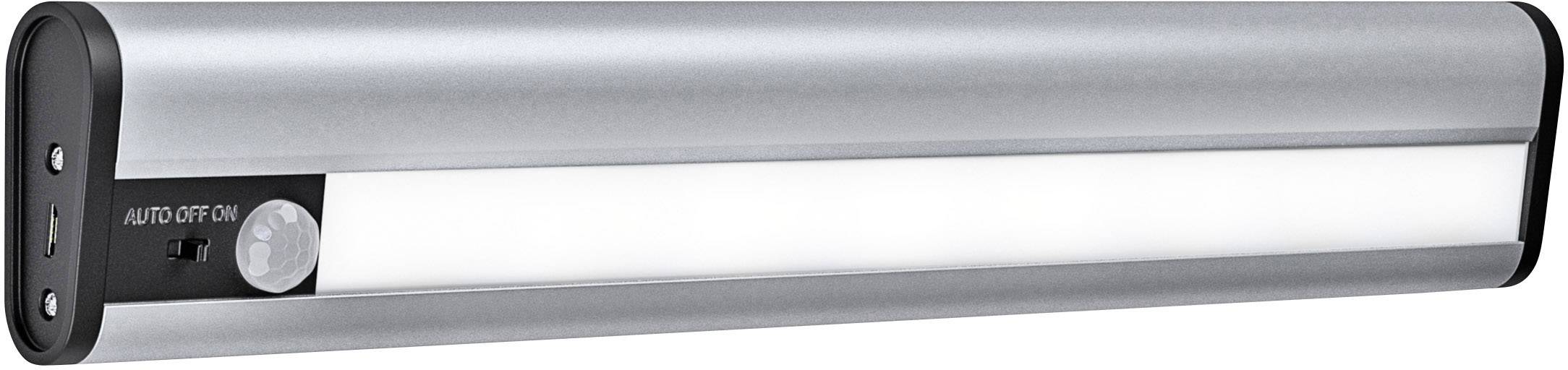 LED-Lichtleiste in silberner Optik mit integriertem Bewegungssensor und Schalter für Automatikbetrieb, An-/Ausschalten.