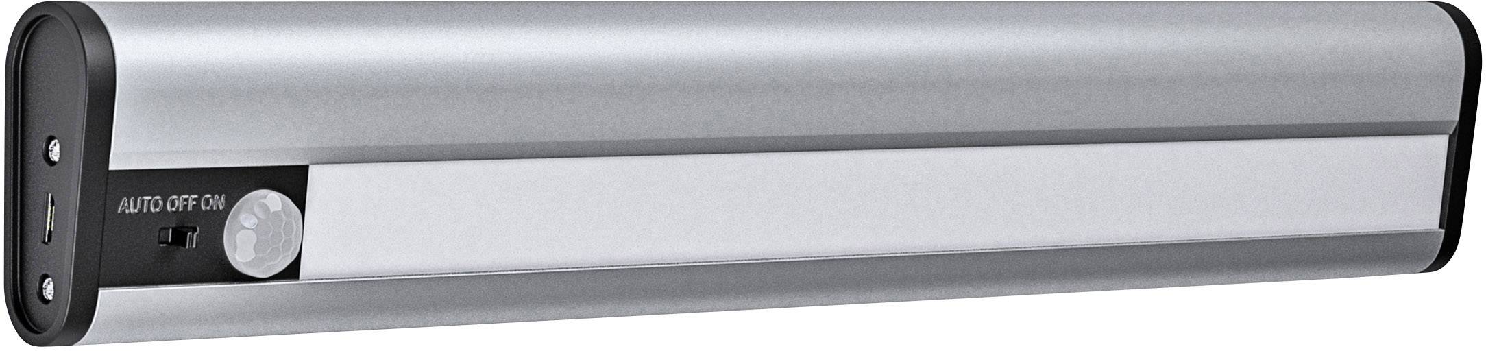 Silberfarbene LED-Leiste mit Bewegungssensor und USB-Anschluss, geeignet für den automatischen Betrieb bei Dunkelheit.