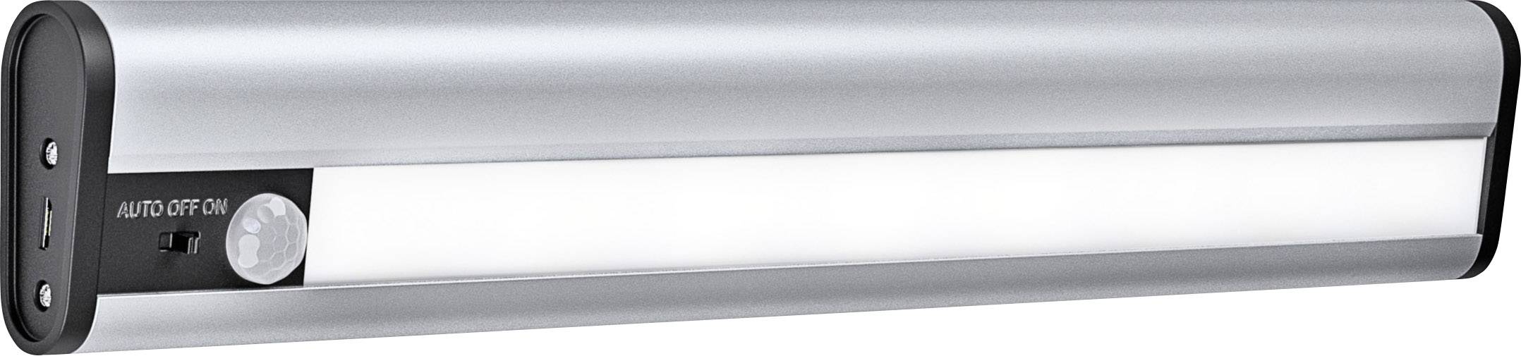 Bewegungssensor-LED-Lichtleiste mit silbernem Gehäuse. Enthält einen Schalter für automatische, ein- und ausschaltbare Funktionen.