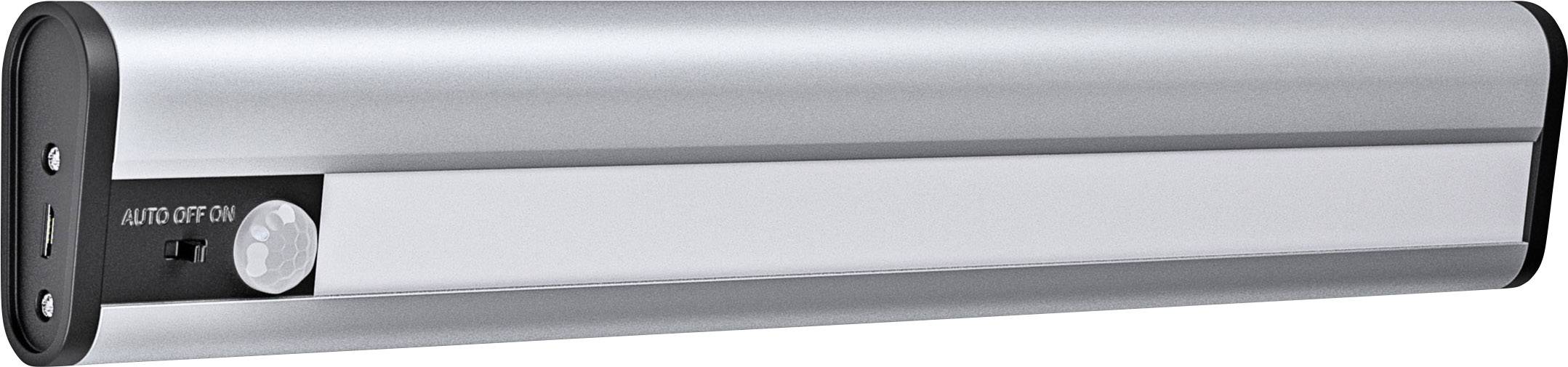 Ein silbernes, rechteckiges LED-Licht mit Bewegungssensor, seitlichem Schalter und seitlichem USB-Ladeanschluss.