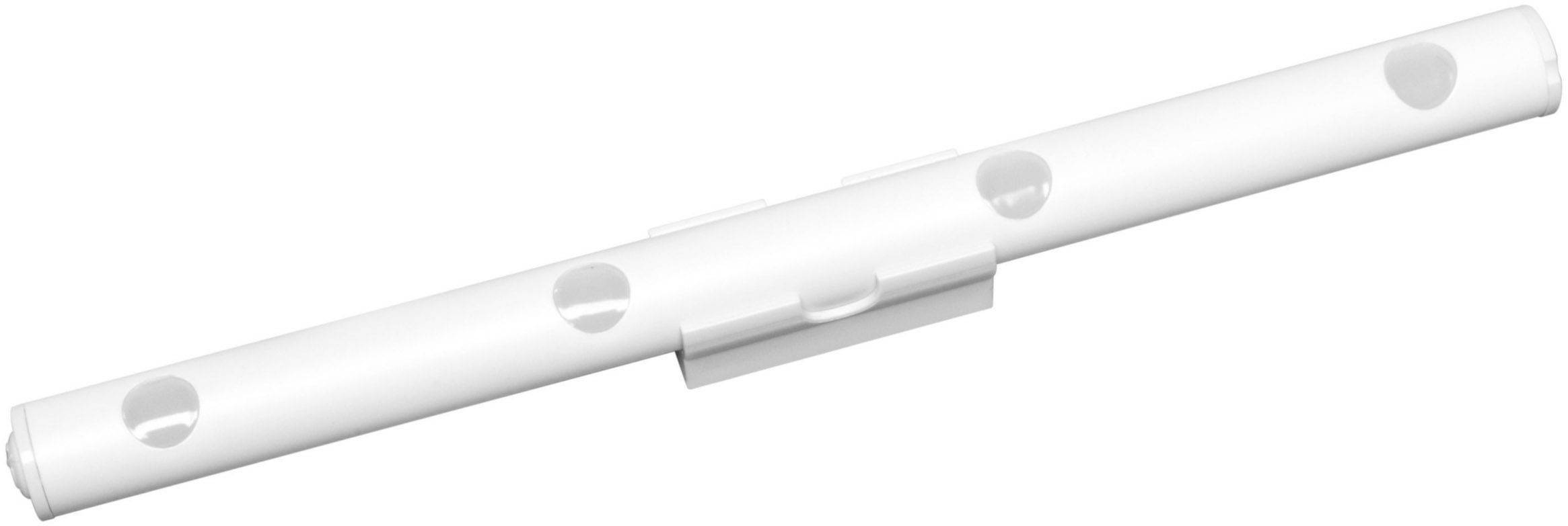 Eine längliche, weiße LED-Wandleuchte mit vier runden Lichtquellen, im modernen Design für gleichmäßige Beleuchtung und Dekoration.