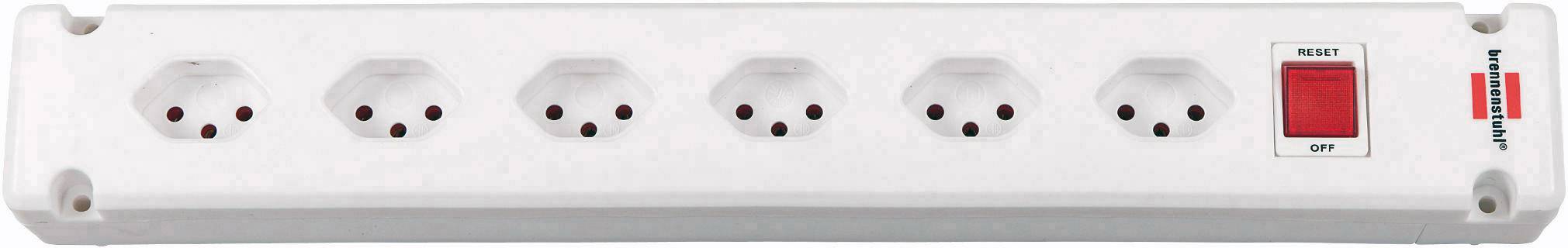 Sechsteckige weiße Steckdosenleiste mit rotem Ein-/Ausschalter an der rechten Seite. Geeignet für mehrere Elektrogeräte.