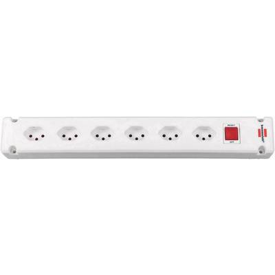 Sechsteckige weiße Steckdosenleiste mit rotem Ein-/Ausschalter an der rechten Seite. Geeignet für mehrere Elektrogeräte.