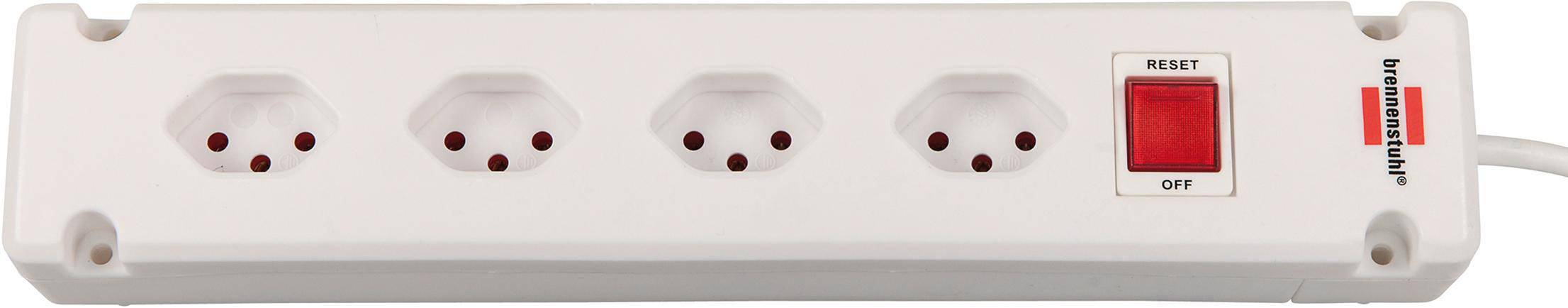 Weiße Mehrfachsteckdose mit vier Steckplätzen und einem roten An-/Aus-Schalter rechts.