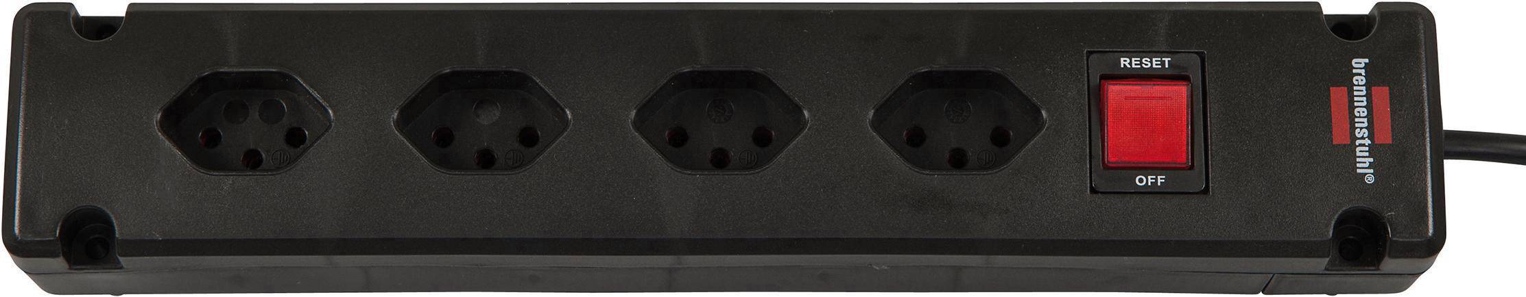 Schwarze Mehrfachsteckdose mit vier Steckplätzen und rotem Ein- und Ausschalter auf der rechten Seite.