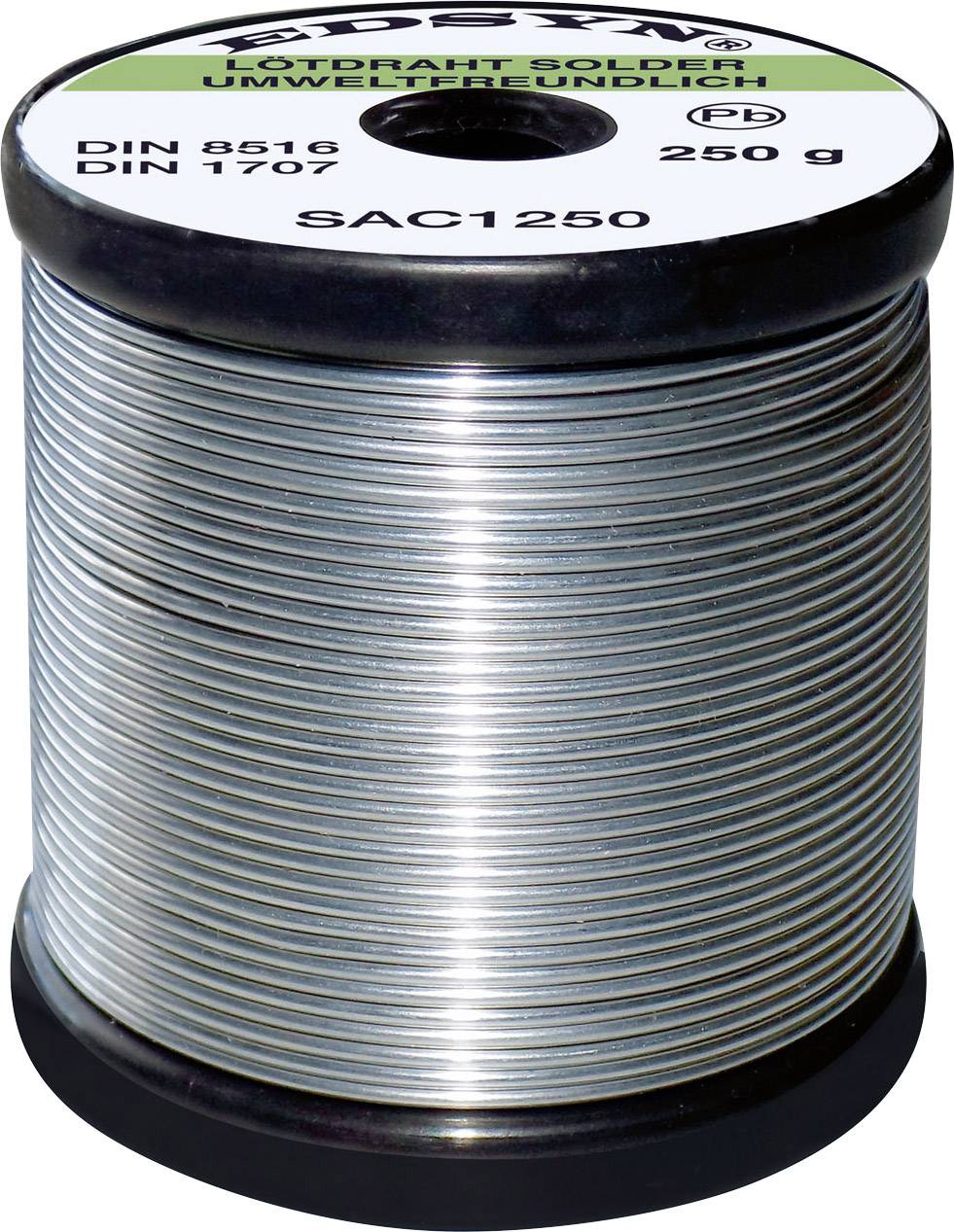 Spule mit Lötdraht, Aufschrift: 'Lötdraht sauber umweltfreundlich'. Gewicht: 250 g. Normen: DIN 8516, DIN 1707.
