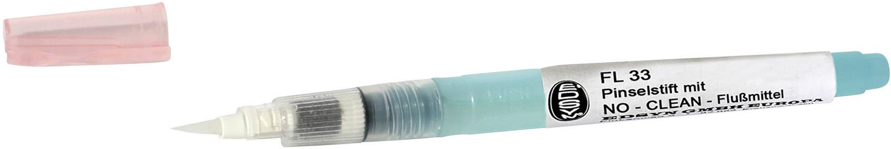 Ein weißer Pinselstift mit türkisfarbenem Körper und abgenommener rosafarbener Verschlusskappe. Der Stift ist mit 'FL 33' beschriftet.