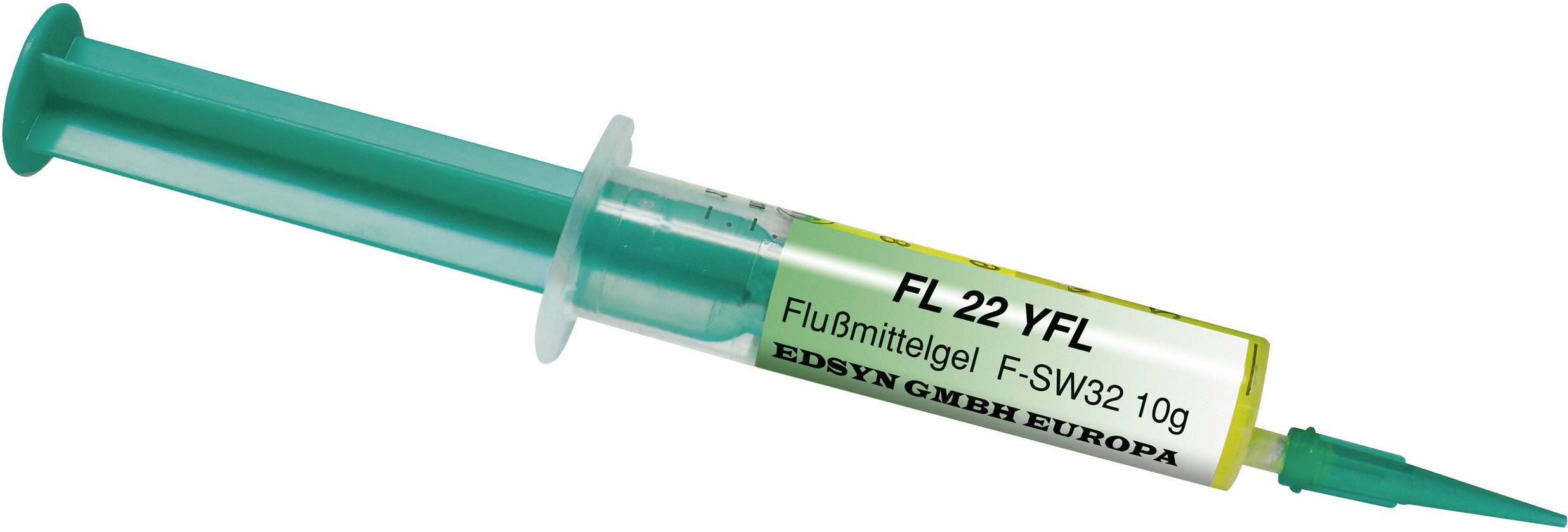 Grüner Schlauch mit Nadel und gelblichem Etikett mit der Aufschrift 'FL 22 YFL, Flussmittelgel F-SW32, 10g'.
