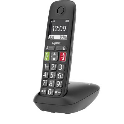 Schnurloses Telefon auf Ladestation. Großes Display mit Uhrzeit '12:09'. Tasten mit Symbolen für Anrufannahme, Beenden und Lautsprecher.