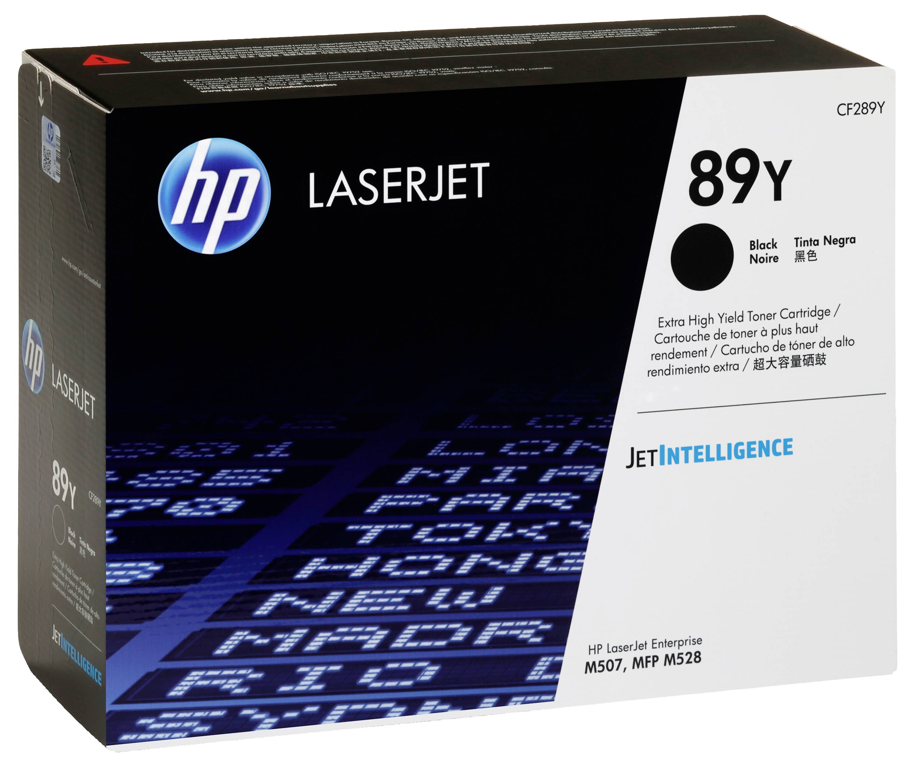 HP LaserJet 89Y Schwarz-Tonerpatrone Karton, gekennzeichnet für HP LaserJet Enterprise M507 und MFP M528 Drucker.