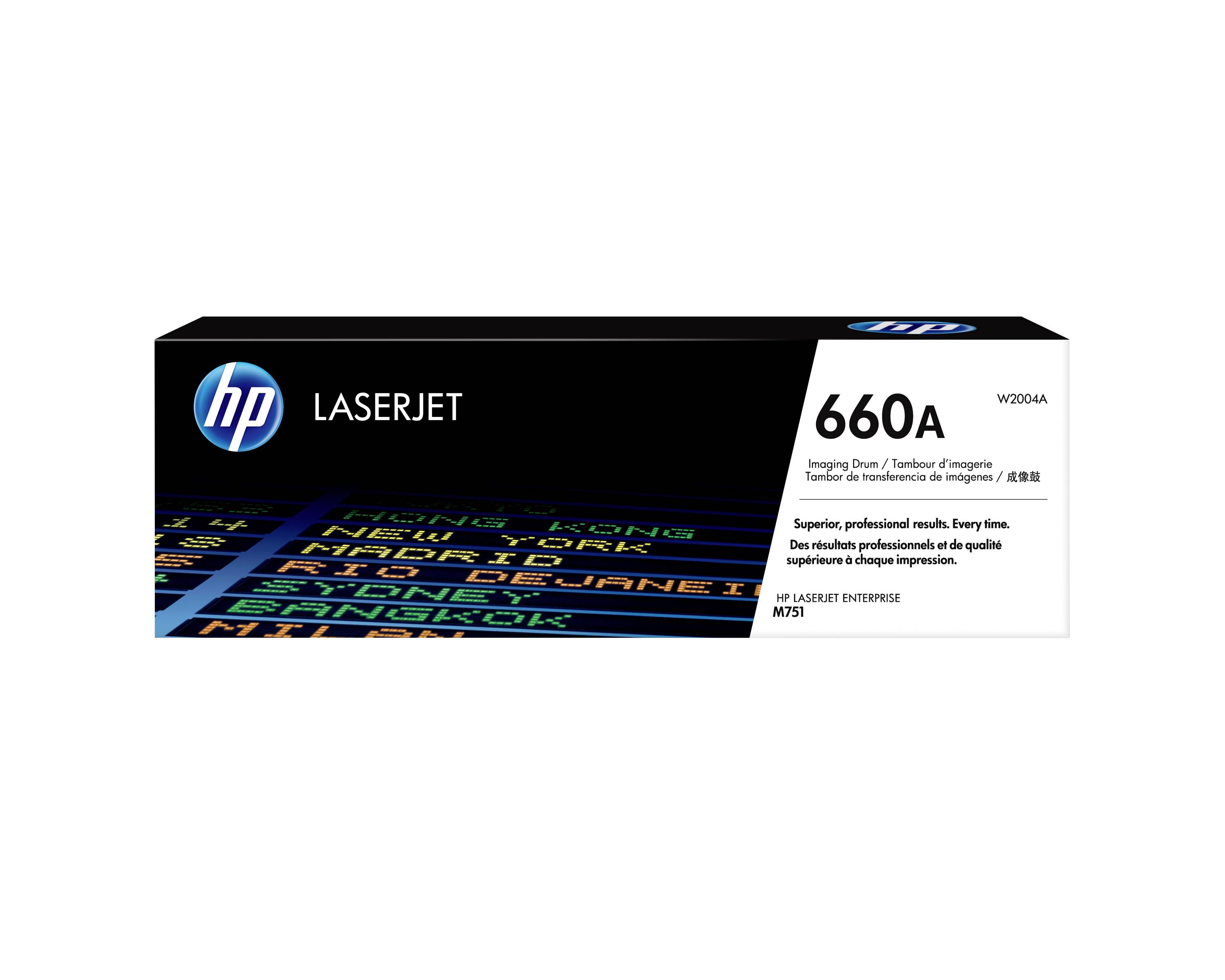 HP LaserJet 660A Tonerkartusche, Verpackung in Schwarz und Weiß mit blauen Akzenten und Modellnummer „660A".
