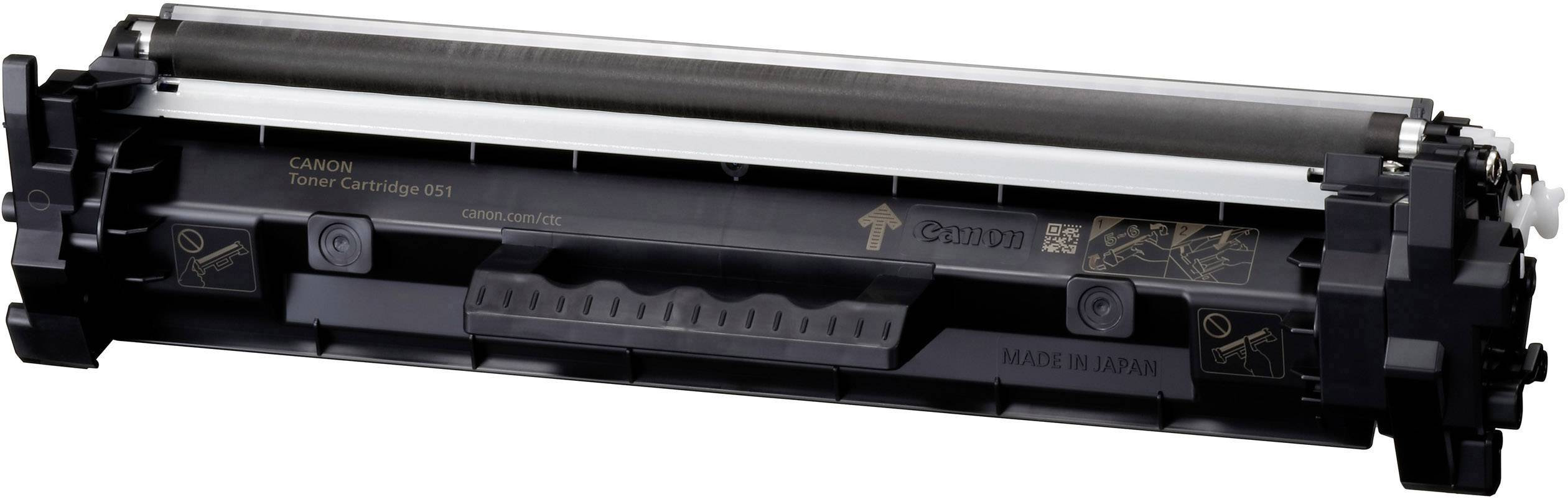 Schwarze Druckertonerkartusche für Canon-Drucker, rechteckig, mit Griff an der Vorderseite.