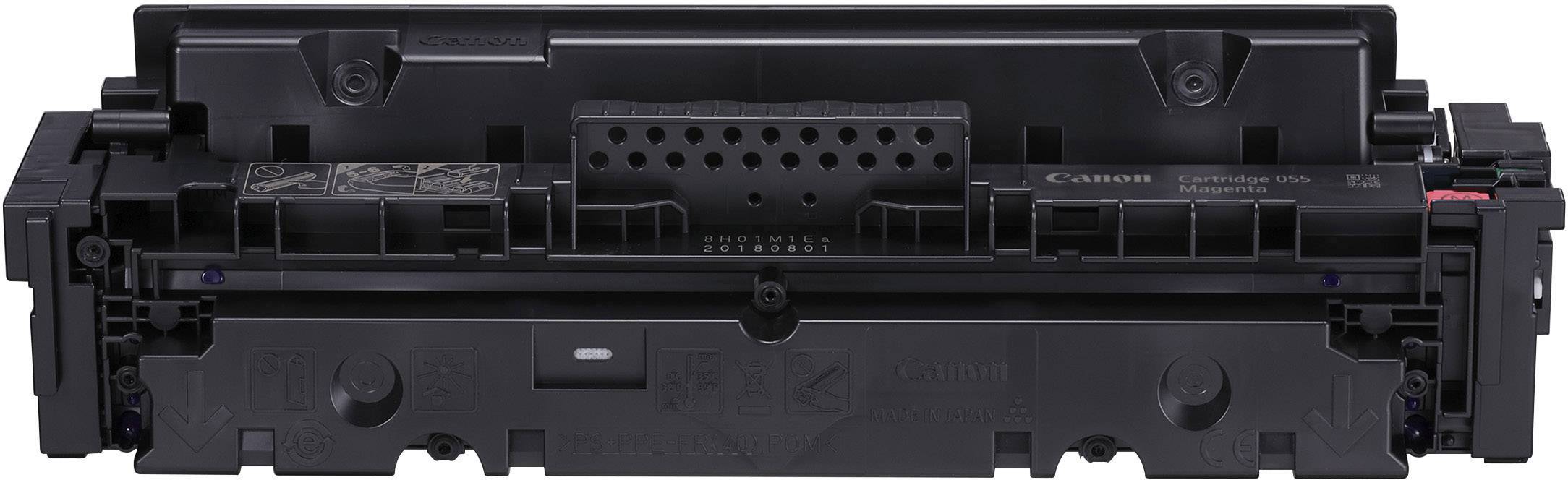 Schwarze Druckerpatrone mit Beschriftungen und Anschlüssen. Vorderansicht, rechteckige Form, passend für Canon-Druckermodelle.
