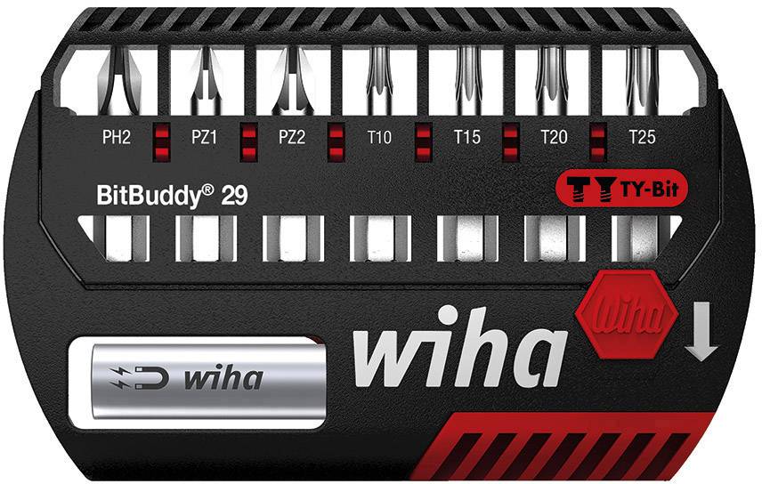 Bitsatz 'BitBuddy 29' von Wiha mit verschiedenen Bitgrößen, geeignet für PH, PZ und T-Schrauben, verpackt in einem kompakten Halter.