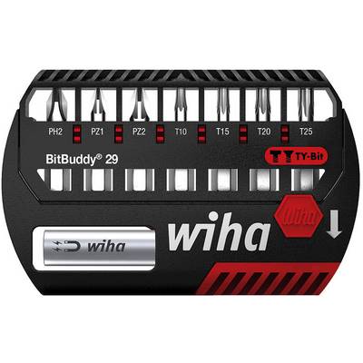 Bitsatz 'BitBuddy 29' von Wiha mit verschiedenen Bitgrößen, geeignet für PH, PZ und T-Schrauben, verpackt in einem kompakten Halter.