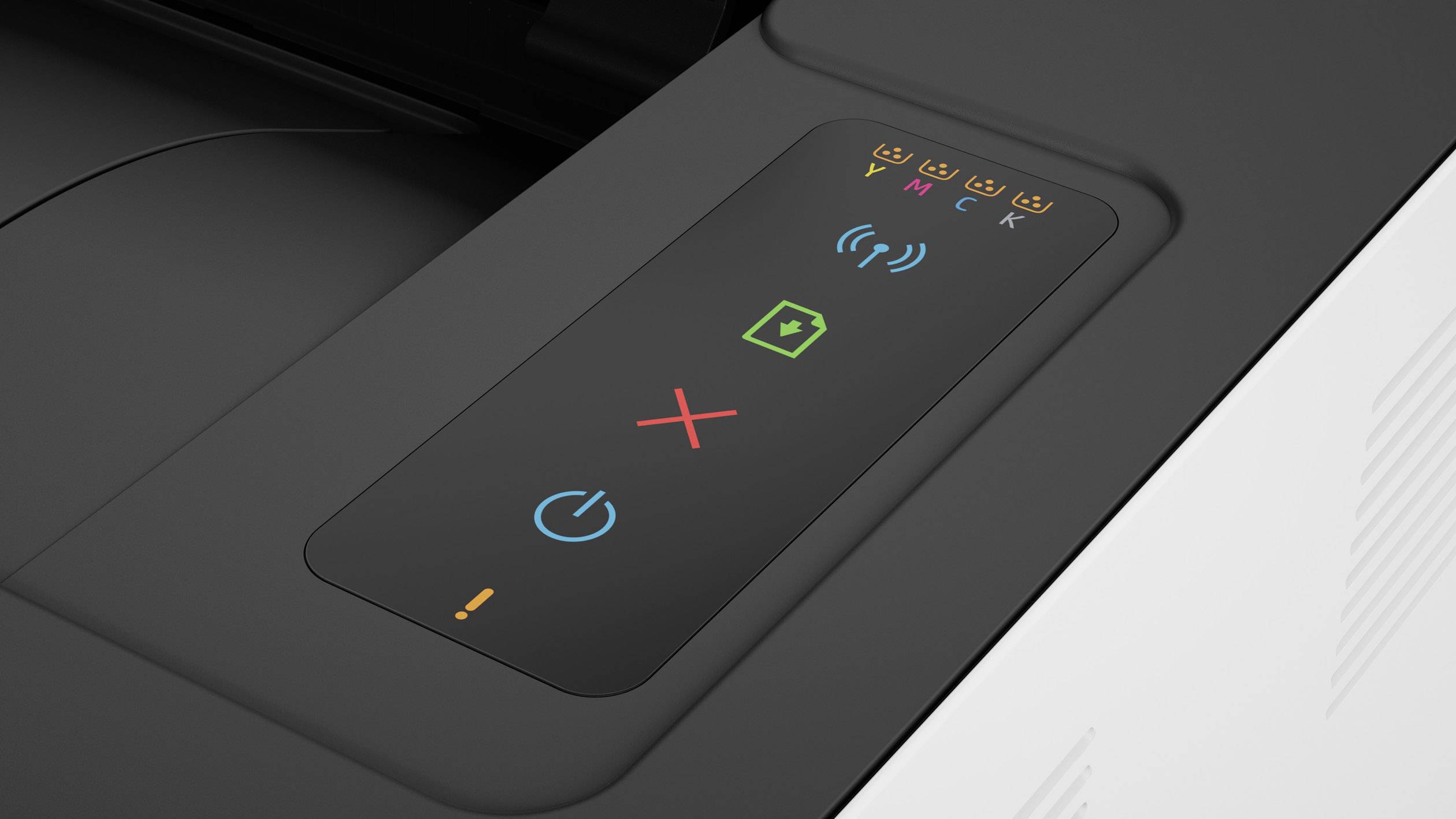 Bedienfeld eines Druckers mit Symbolen für WLAN, Tinte, Strom, Batterie und Fehleranzeige. Hauptsächlich schwarz mit farbigen Symbolen.
