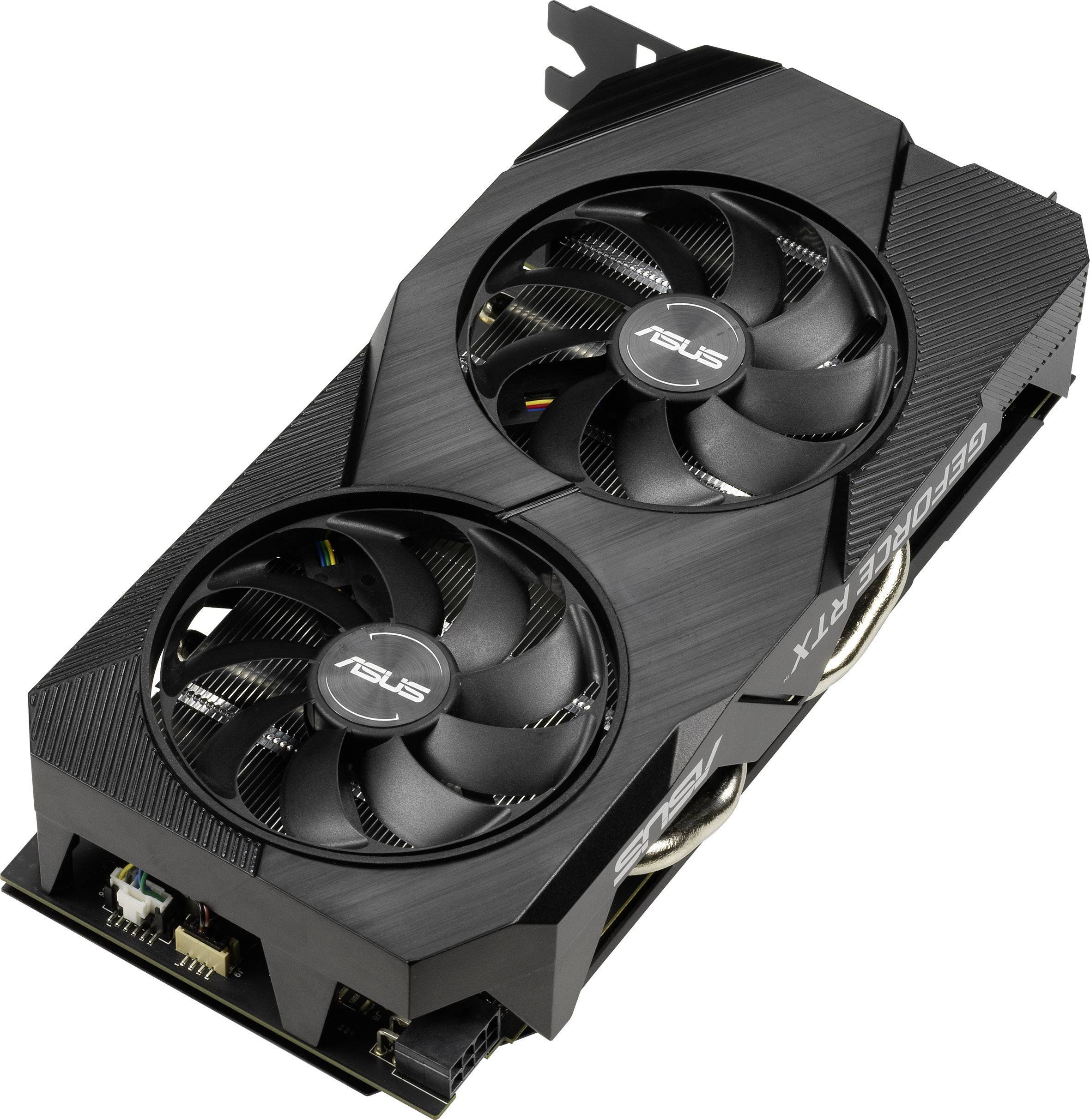 Schwarze Grafikkarte mit zwei Lüftern, Marke ASUS, Modell GeForce RTX.