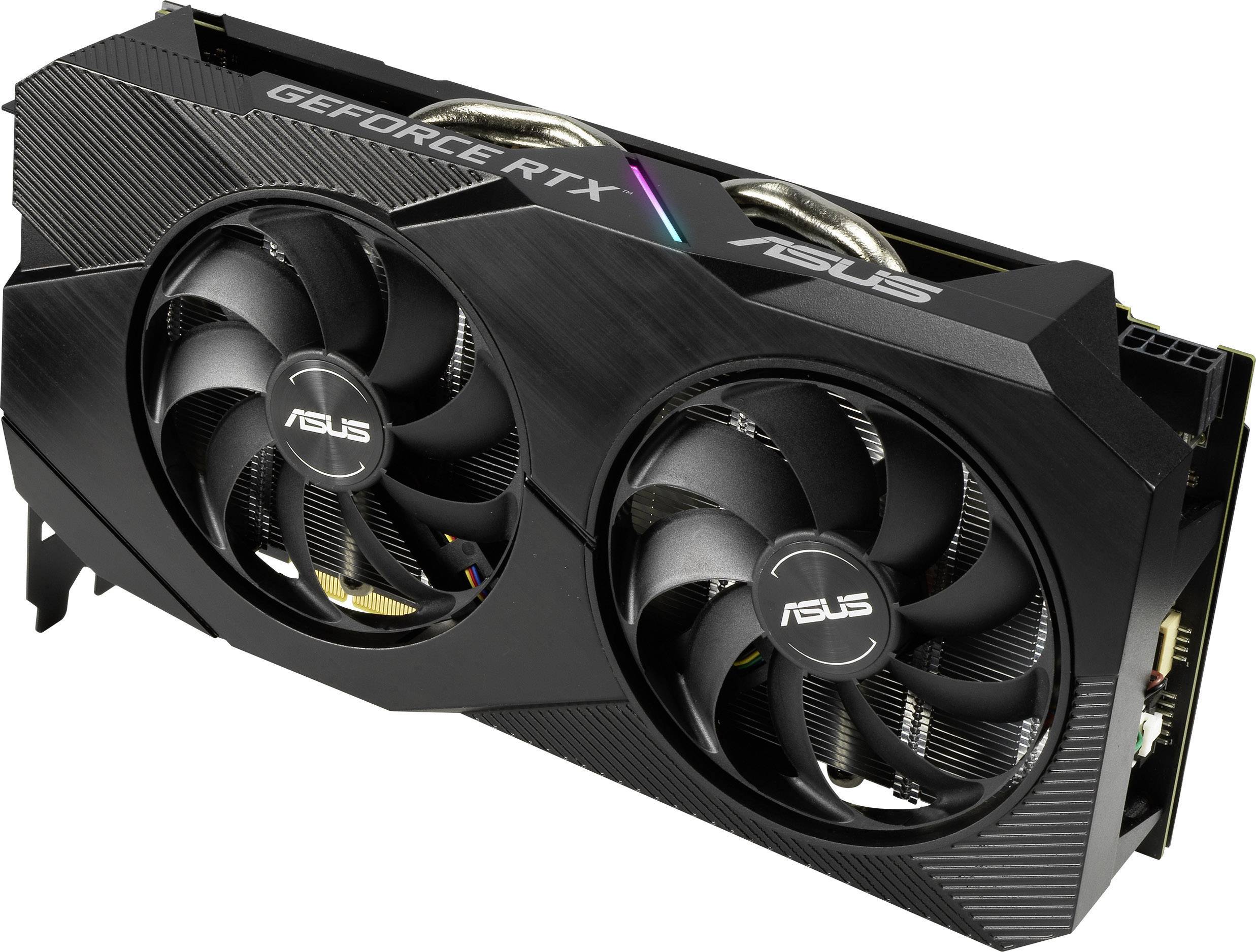 Schwarze Grafikkarte mit zwei Lüftern und 'GeForce RTX'- und 'Asus'-Beschriftungen, zeigt modernes Design und Kühltechnologie.