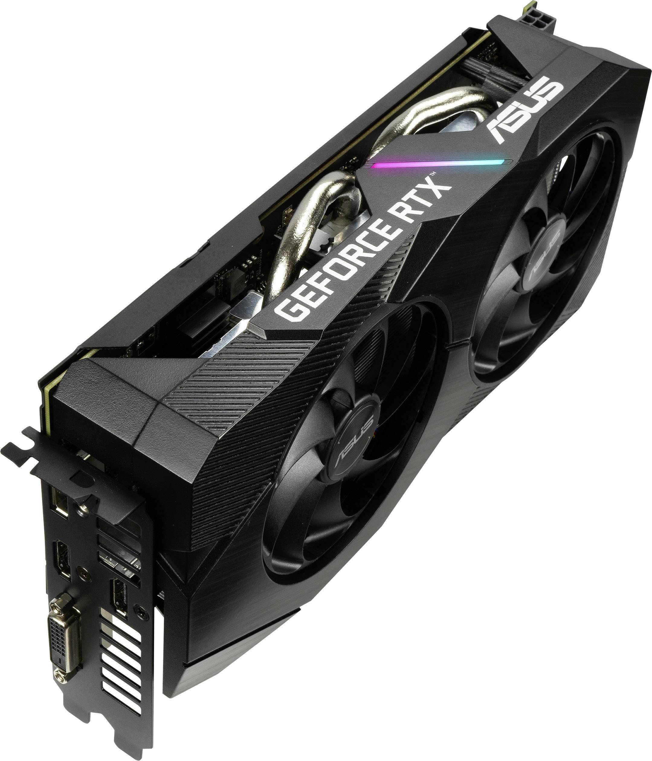 Eine schwarze NVIDIA GeForce RTX Grafikkarte mit zwei Lüftern und ASUS-Logo, zeigt mehrere Anschlussmöglichkeiten an der Seite.
