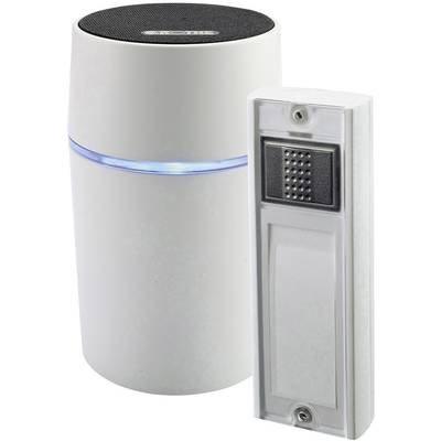 Eine drahtlose Türklingel mit einem weißen Lautsprecher, der ein blaues Lichtband hat, und eine weiße Außeneinheit mit Klingelknopf.