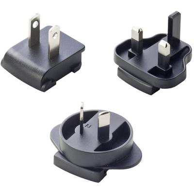 Drei schwarze Adapterstecker für verschiedene Steckdosentypen, jeweils mit unterschiedlichen Stiftanordnungen.