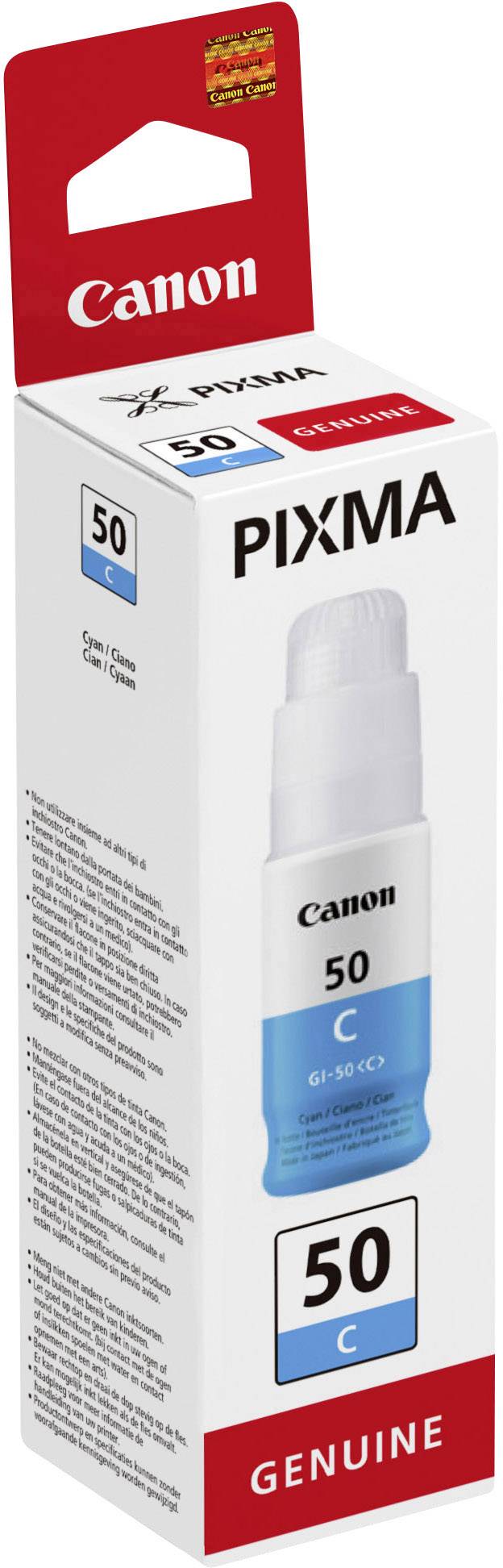 Kartonverpackung einer Canon Pixma Tintenflasche, Cyan, mit der Aufschrift 'Genuine'. Entworfen für Druckermodelle der Pixma-Serie.