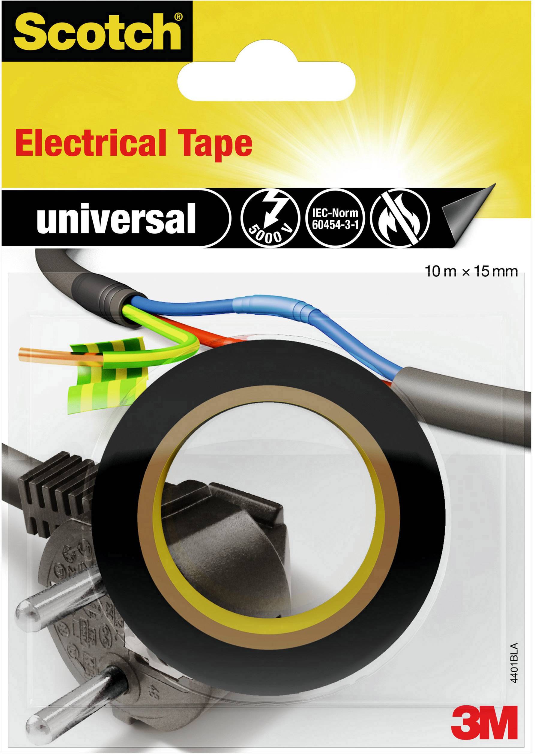 Scotch Elektrisches Klebeband, 'universal', 10 m x 15 mm, zeigt ein Kabel mit Stecker, betont IEC-Norm, aufgelistet auf der Verpackung.
