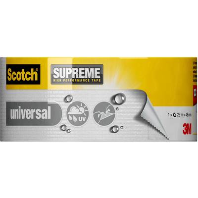 Verpackung von Scotch Supreme Klebeband mit Symbolen für Wetterbeständigkeit, UV-Schutz und Reißfestigkeit. Maß: 25m x 48mm.
