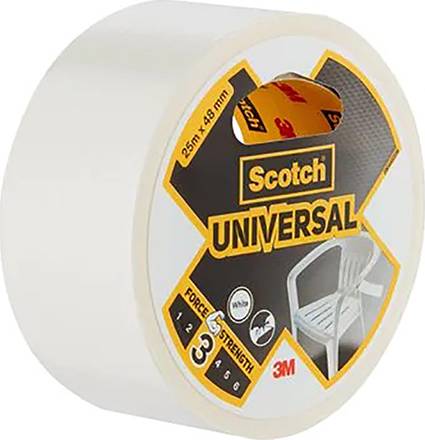 'Scotch Universal' Klebebandrolle, 25m x 48mm, Kraftstufe 3. Bild eines weißen Plastikstuhls auf der Verpackung.