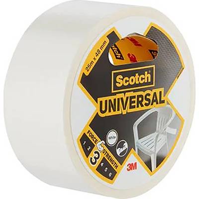 'Scotch Universal' Klebebandrolle, 25m x 48mm, Kraftstufe 3. Bild eines weißen Plastikstuhls auf der Verpackung.