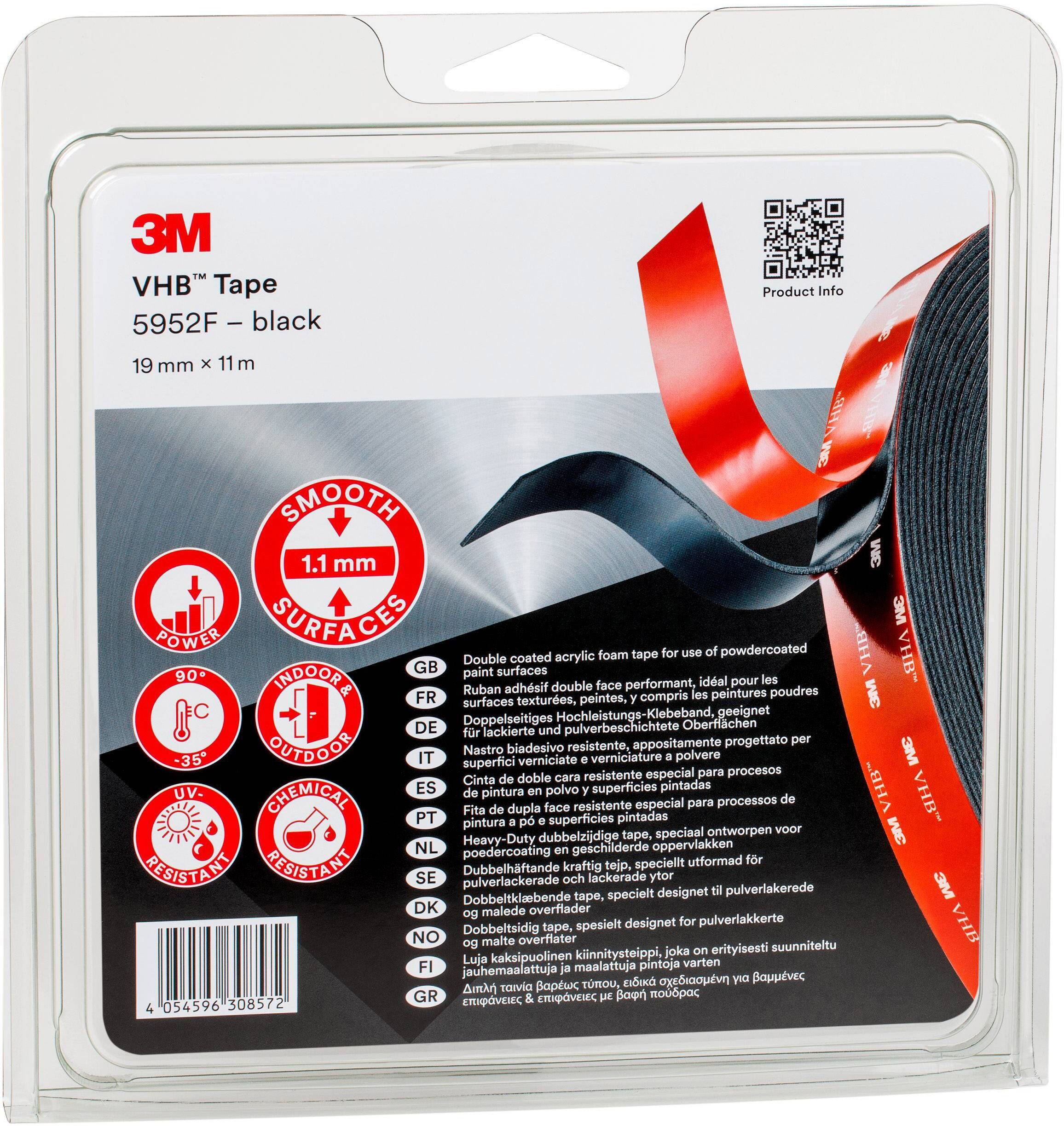 Verpackung von 3M VHB-Klebeband, schwarz, 19 mm x 11 m. Enthält Symbole für starke Haftung, weiche Oberflächen und doppelseitige Anwendung.